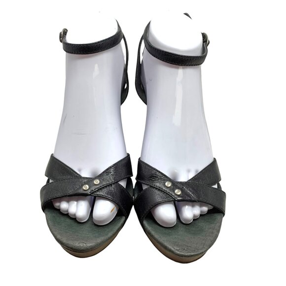 UGG Australia Isadora‎ Black Leather Ankle Strap Wedge Sandals - Picture 7 of 12